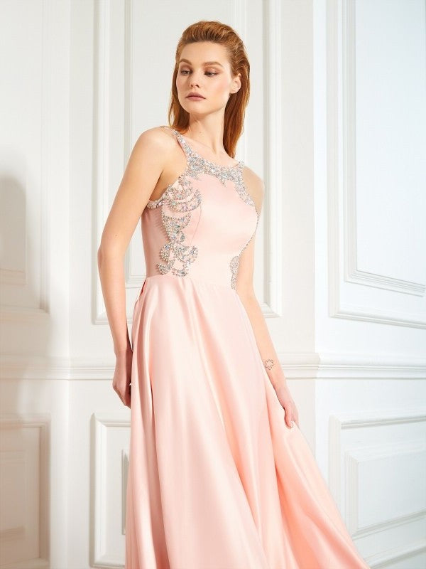Sleeveless Beading Scoop A-Line/Princess Satin Floor-Length Dresses