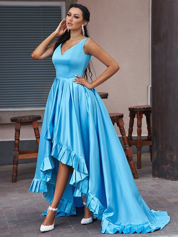 Ruffles A-Line/Princess V-neck Satin Sleeveless Asymmetrical Dresses