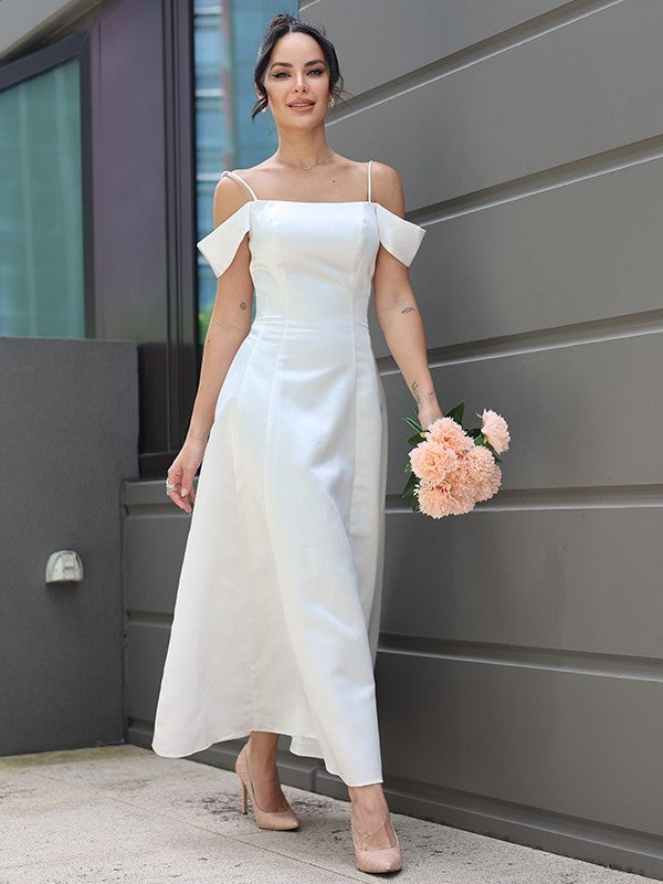 Sleeveless Spaghetti Straps Satin A-Line/Princess Ruffles Ankle-Length Wedding Dresses