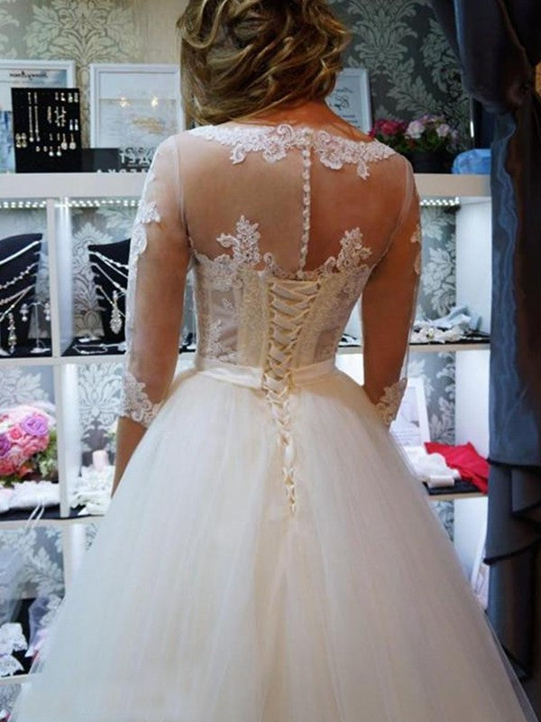 Sleeves Applique Gown Tulle 1/2 Scoop Ball Floor-Length Wedding Dresses