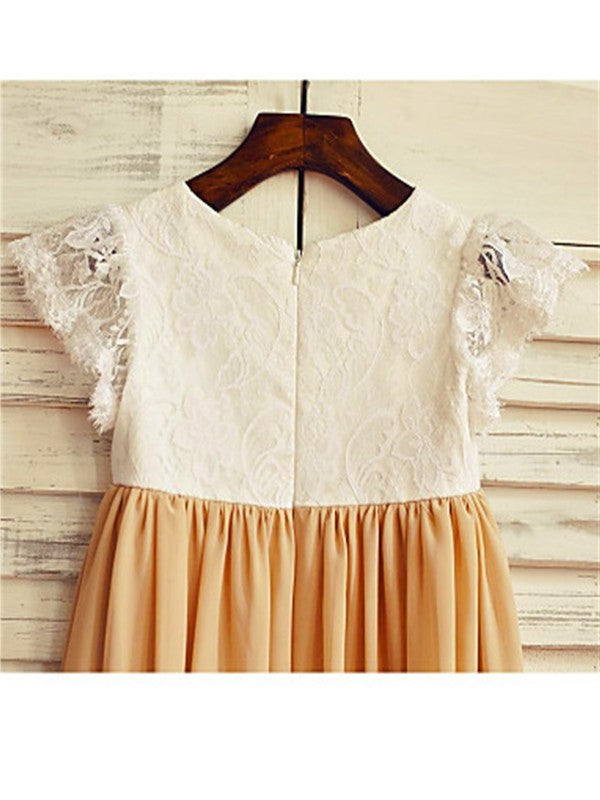 Chiffon Tea-Length Sleeves Short Scoop A-line/Princess Flower Girl Dresses