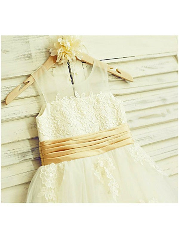 Scoop A-line/Princess Tea-Length Lace Sleeveless Tulle Flower Girl Dresses
