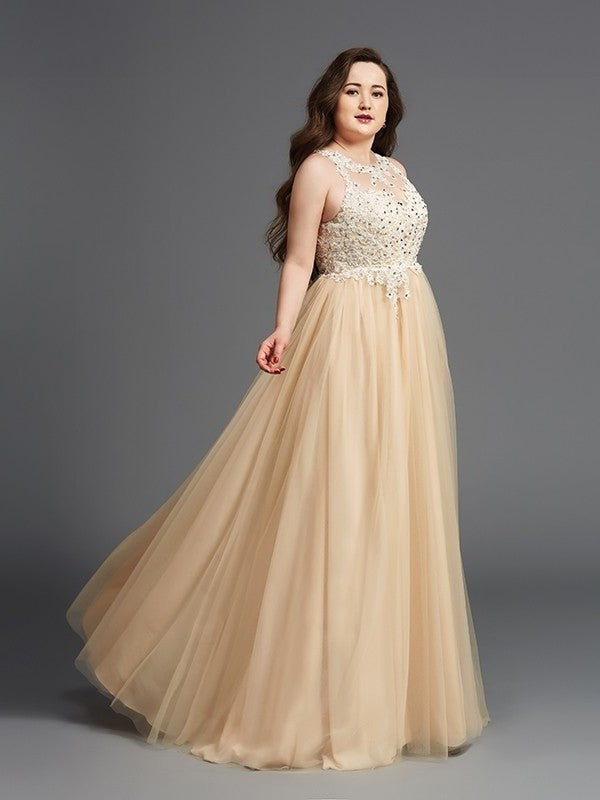 Long Sleeveless A-Line/Princess Scoop Rhinestone Net Plus Size Dresses