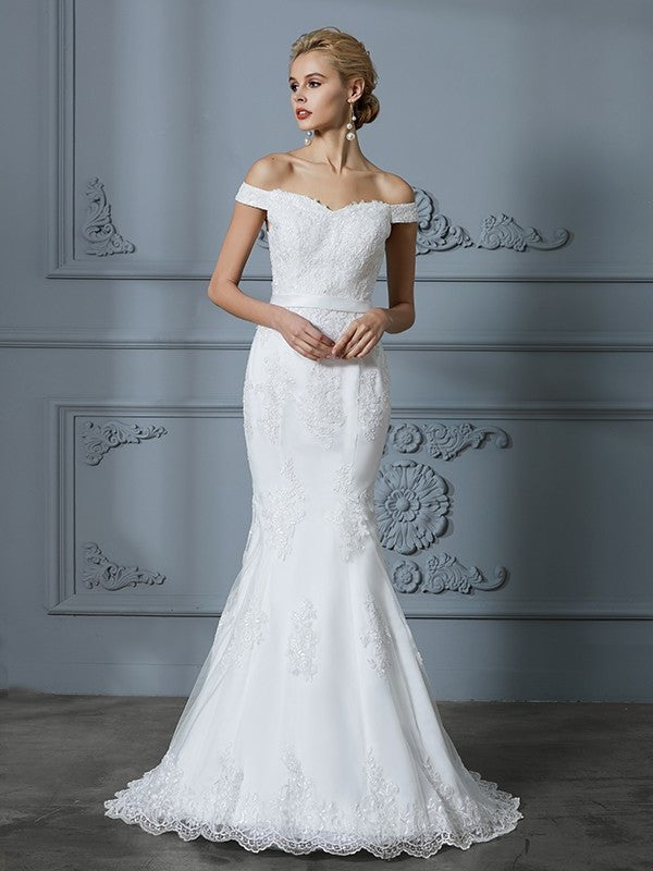 Trumpet/Mermaid Sleeveless Off-the-Shoulder Train Lace Sweep/Brush Tulle Wedding Dresses