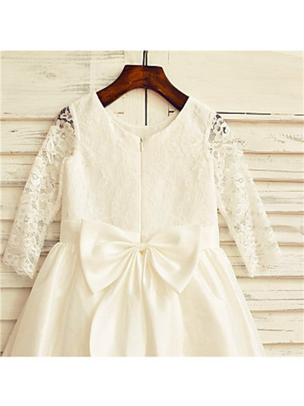 Tea-Length Jewel Sleeves Satin Long A-line/Princess Lace Flower Girl Dresses
