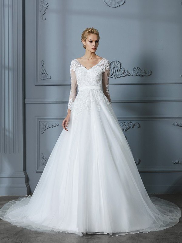 Ball V-neck Court Sleeves Long Train Lace Gown Tulle Wedding Dresses