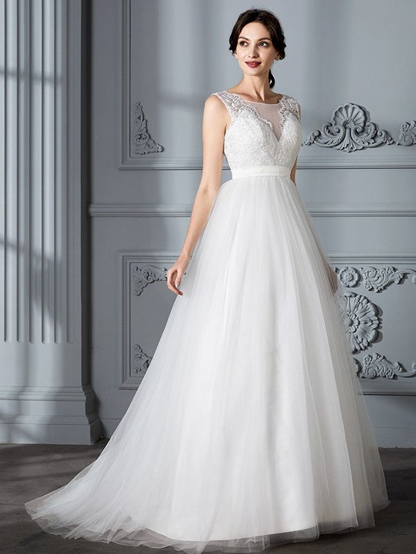 Sweep/Brush Train Sleeveless A-Line/Princess V-neck Tulle Wedding Dresses