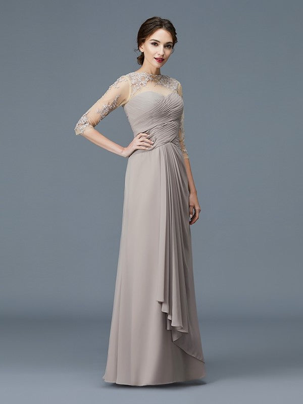 A-Line/Princess Sleeves Neck Floor-Length Chiffon of 3/4 Sheer Ruffles Mother the Bride Dresses
