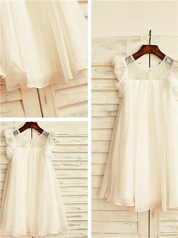 Scoop Lace Chiffon Sleeves Short Tea-Length A-line/Princess Flower Girl Dresses