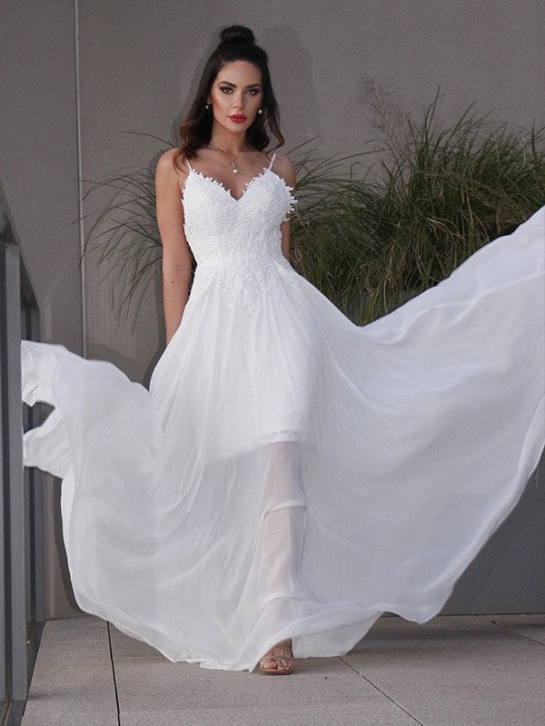 Sweep/Brush Chiffon Sleeveless V-neck A-Line/Princess Applique Train Wedding Dresses