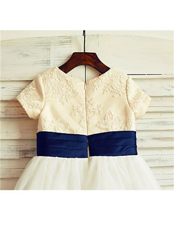 Short Scoop Tulle Bowknot Tea-Length Sleeves A-line/Princess Flower Girl Dresses
