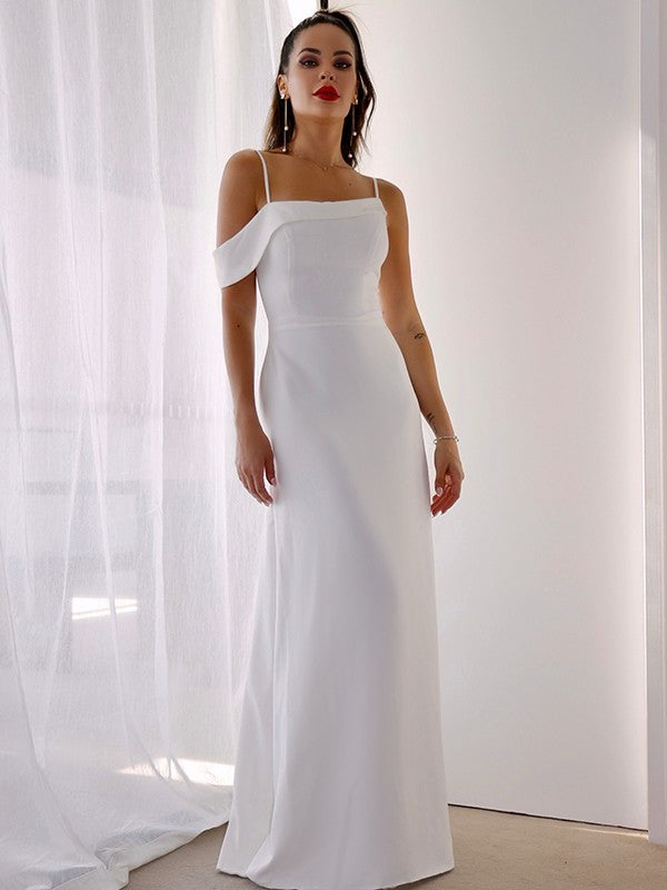 Ruched Satin Straps Sleeveless Spaghetti Sheath/Column Floor-Length Wedding Dresses