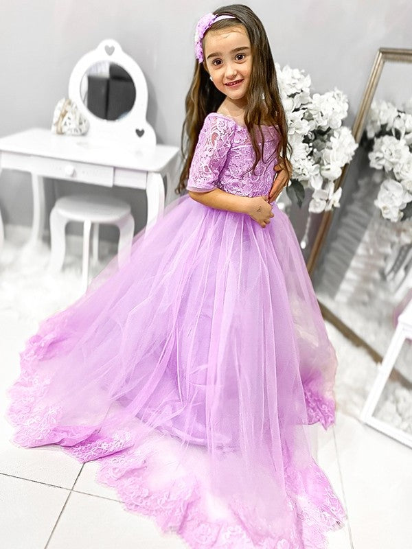 Sleeves Ball Sweep/Brush Gown Tulle Lace Train Off-the-Shoulder 1/2 Flower Girl Dresses