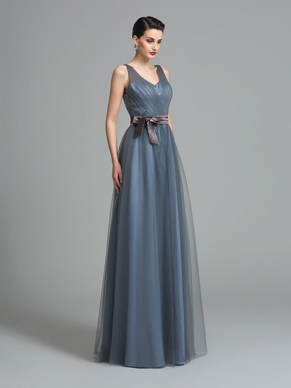 Long Sash/Ribbon/Belt Sleeveless A-Line/Princess Straps Net Bridesmaid Dresses