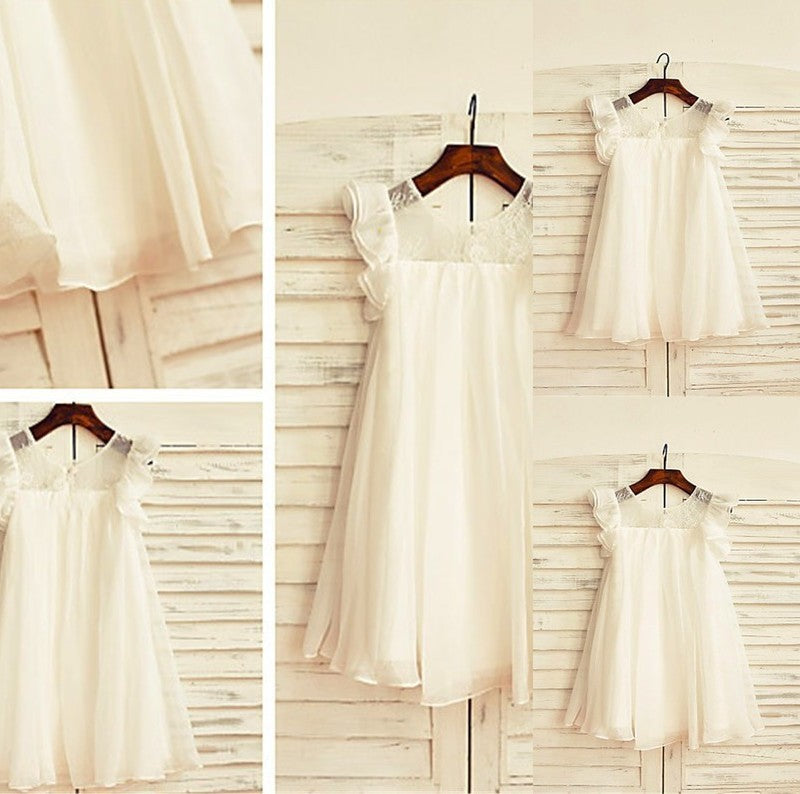 Scoop Lace Chiffon Sleeves Short Tea-Length A-line/Princess Flower Girl Dresses