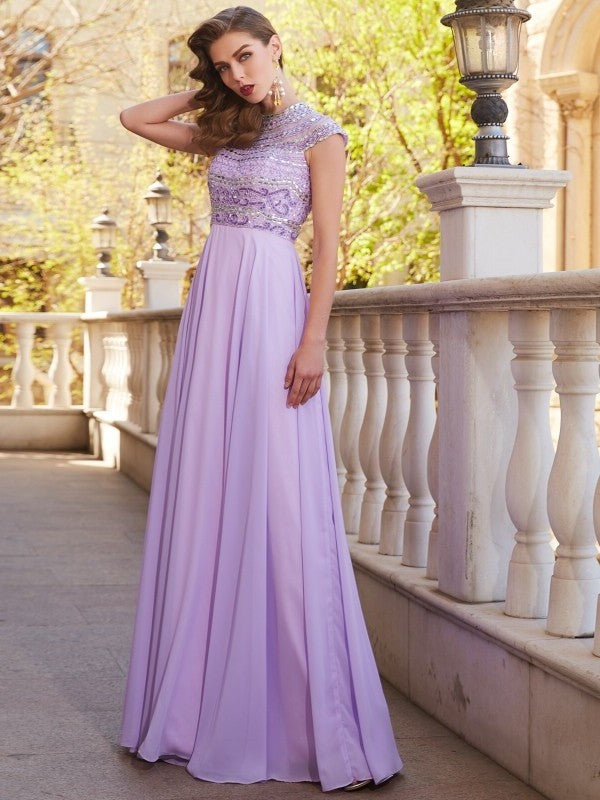 Short Scoop Floor-Length Sleeves A-Line/Princess Beading Chiffon Dresses