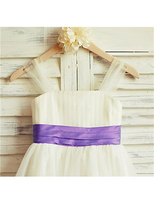 Straps A-line/Princess Tea-Length Tulle Sleeveless Ruffles Flower Girl Dresses