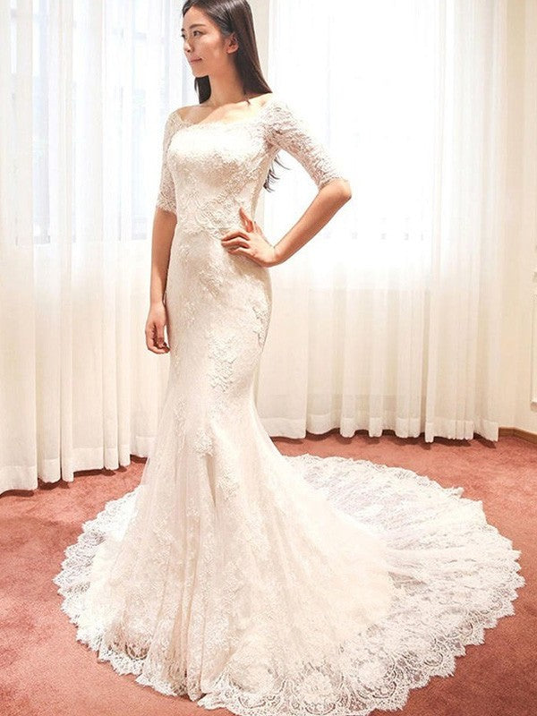 Sleeves Trumpet/Mermaid Train Cathedral Square Applique 1/2 Lace Wedding Dresses