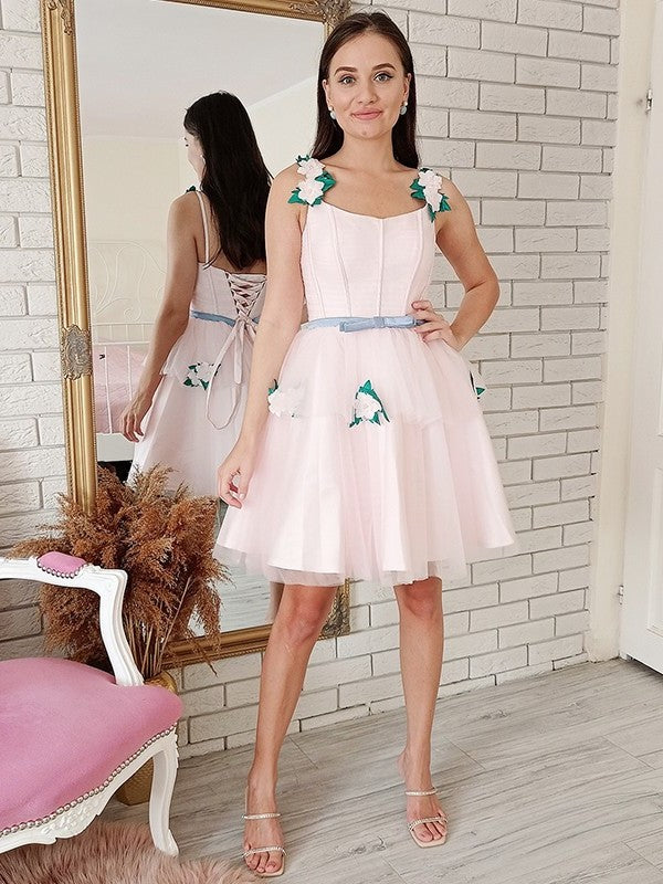 A-Line/Princess Flower Square Hand-Made Tulle Sleeveless Short/Mini Dresses