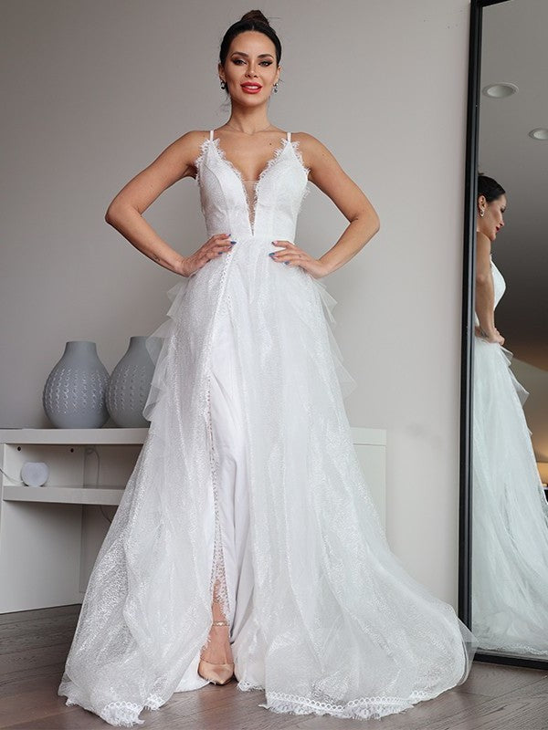 Ruffles A-Line/Princess Lace V-neck Sweep/Brush Sleeveless Train Wedding Dresses