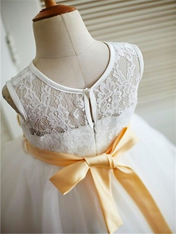 Lace A-line/Princess Tulle Sleeveless Scoop Tea-Length Flower Girl Dresses