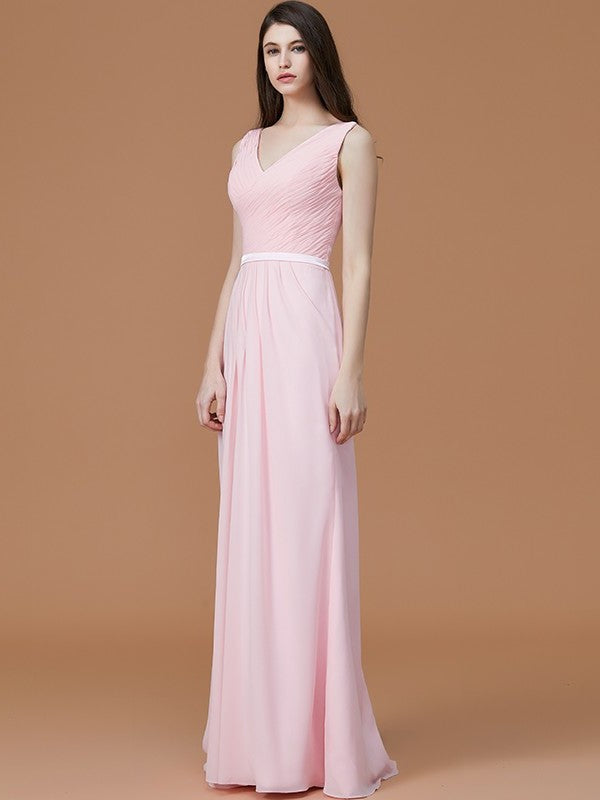 V-neck Floor-Length Ruched A-Line/Princess Sleeveless Chiffon Bridesmaid Dresses