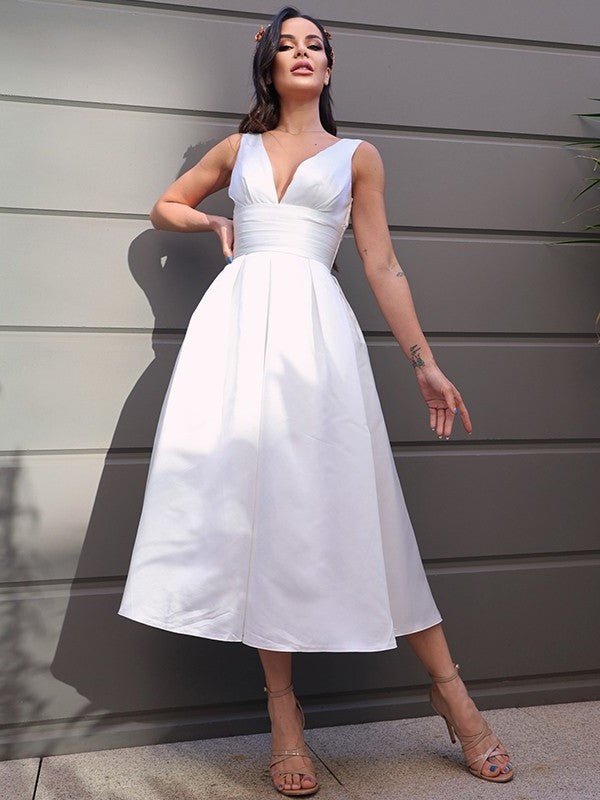 Satin A-Line/Princess Sleeveless V-neck Ruched Tea-Length Wedding Dresses