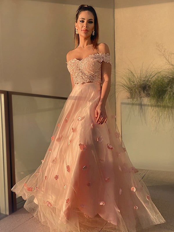 Tulle Flower A-Line/Princess Hand-Made Floor-Length Off-the-Shoulder Sleeveless Two Piece Dresses