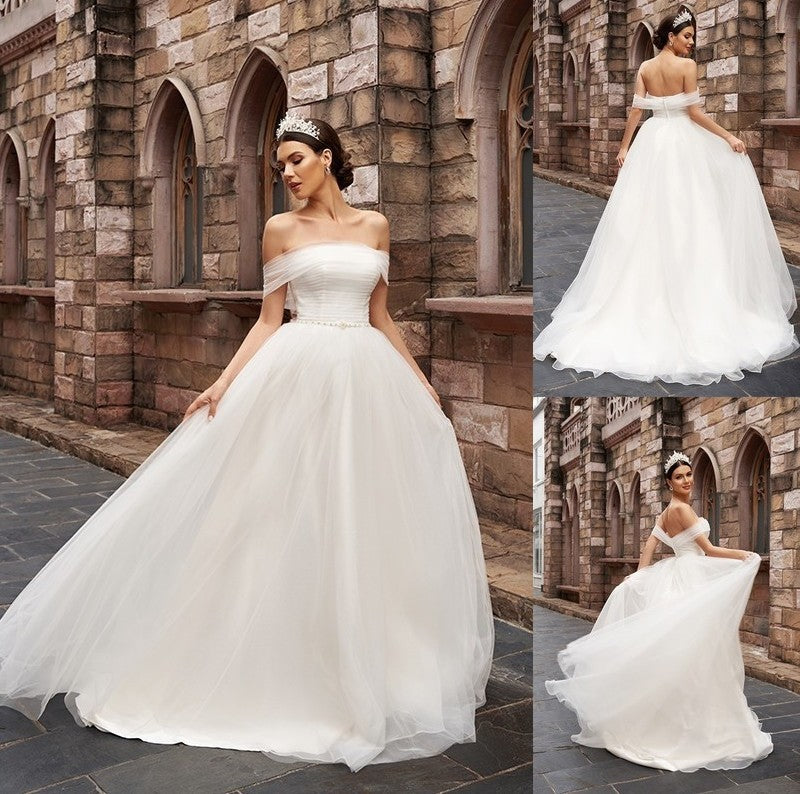 Off-the-Shoulder Sleeveless Tulle Sweep/Brush A-Line/Princess Ruched Train Wedding Dresses