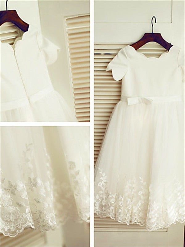 Scoop A-line/Princess Lace Short Sleeves Tea-Length Flower Girl Dresses