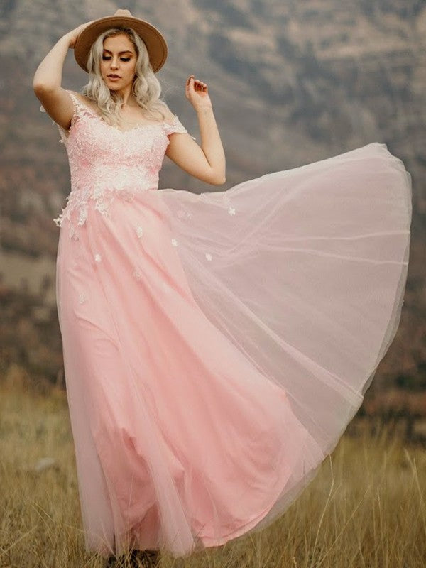 A-Line/Princess Sweetheart Sleeveless Tulle Applique Floor-Length Dresses