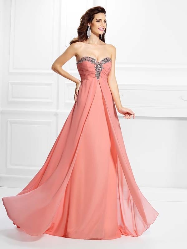 Sleeveless Sweetheart A-Line/Princess Beading Long Chiffon Dresses