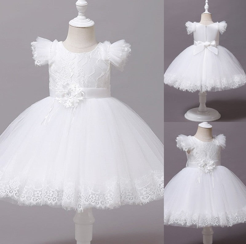 Scoop Tea-Length Gown Short Tulle Applique Ball Sleeves Flower Girl Dresses
