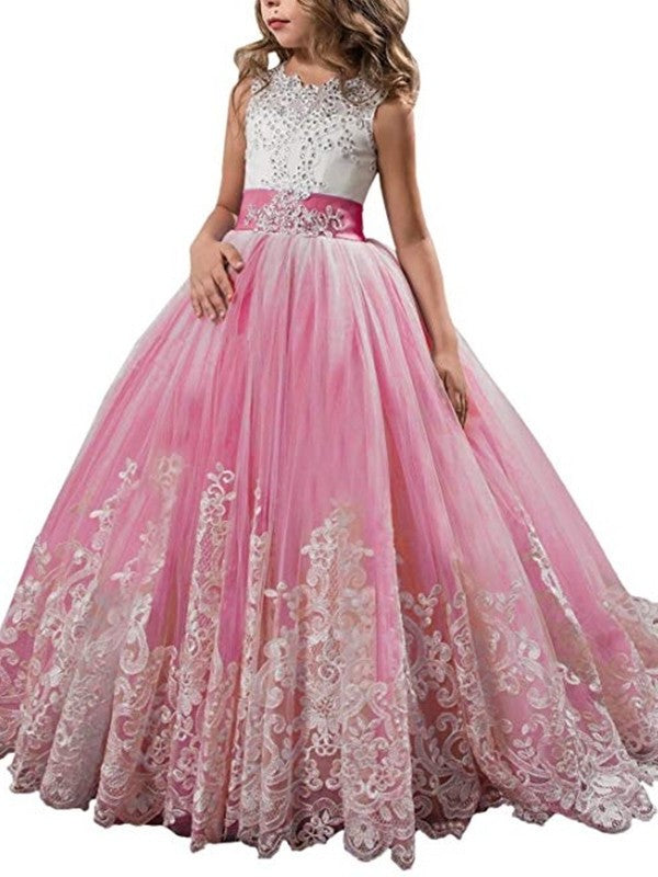Lace Sweep/Brush Sleeveless Ball Gown Jewel Train Tulle Flower Girl Dresses