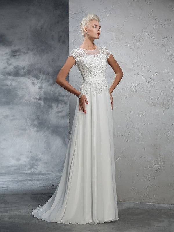Neck Short Applique A-Line/Princess Long Sheer Sleeves Chiffon Wedding Dresses