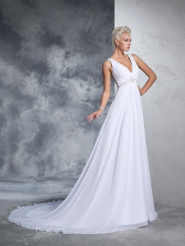 Sleeveless V-neck A-Line/Princess Long Beading Chiffon Wedding Dresses