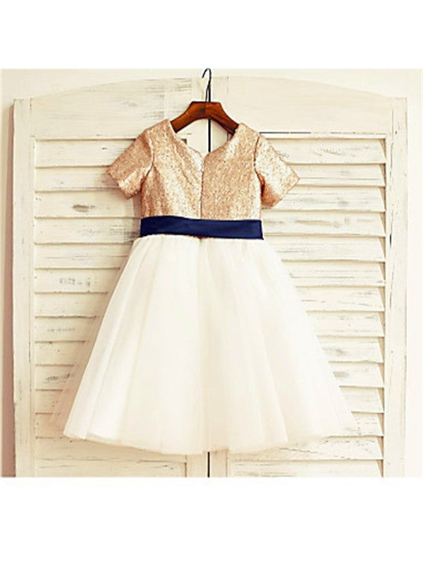 Sequin A-line/Princess Sleeves Scoop Short Tea-Length Tulle Flower Girl Dresses