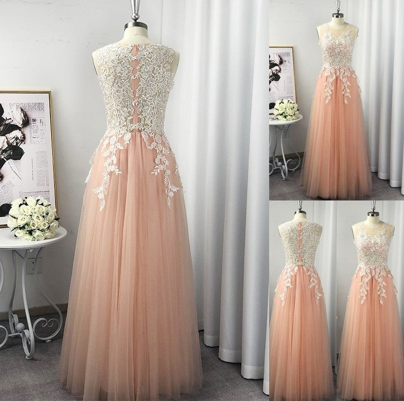 Scoop Applique A-Line/Princess Tulle Sleeveless Floor-Length Dresses