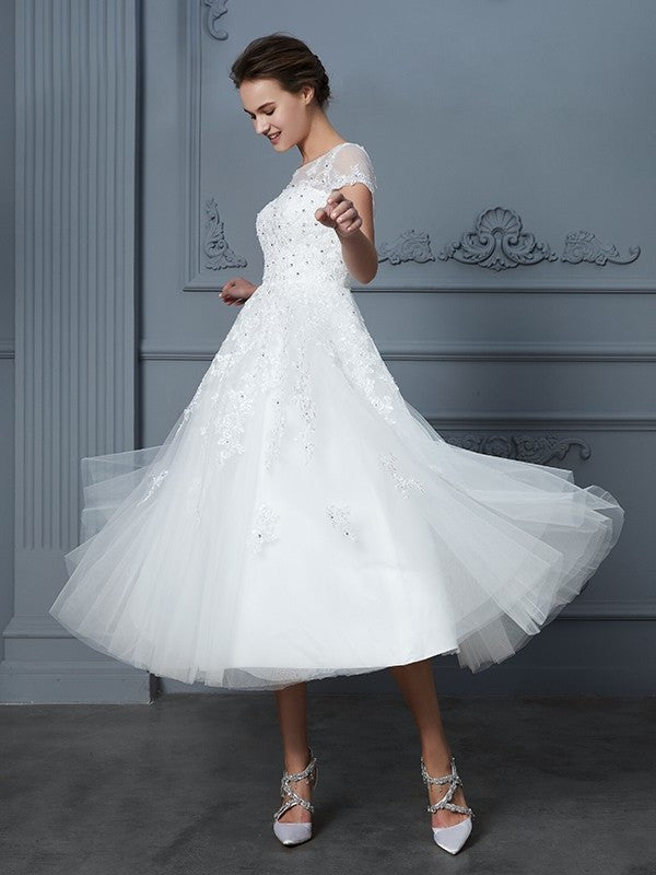Tea-Length Scoop Short A-Line/Princess Sleeves Beading Tulle Wedding Dresses