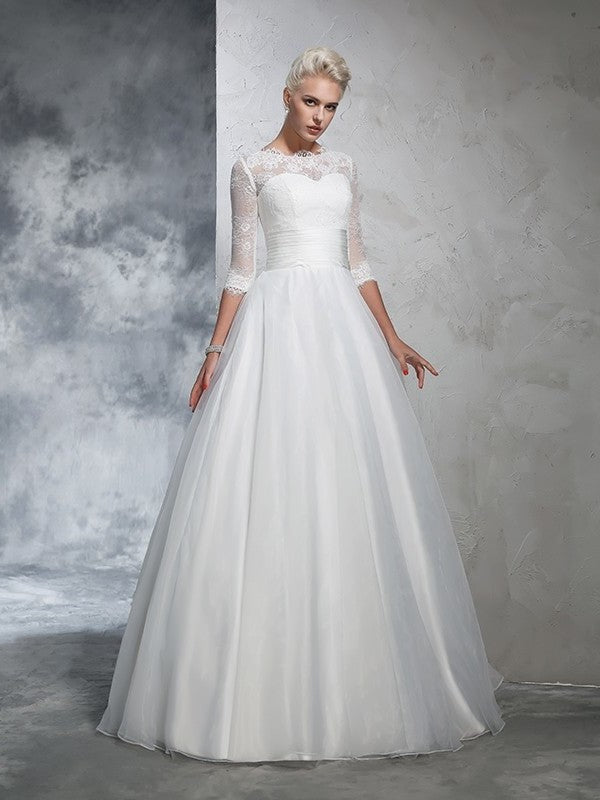 3/4 Long Ball Sleeves Applique Gown Jewel Organza Wedding Dresses