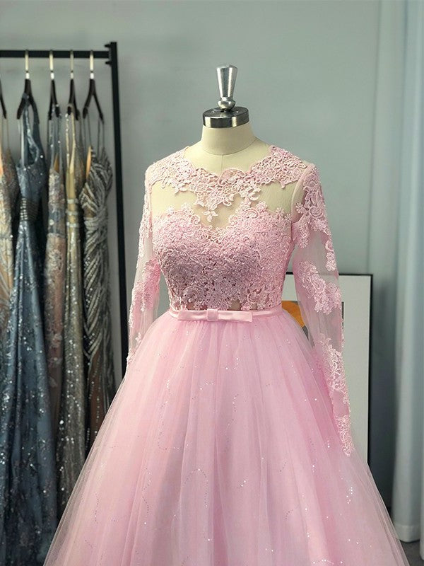 Sleeves Lace Jewel Gown Ball Tulle Long Sweep/Brush Train Dresses