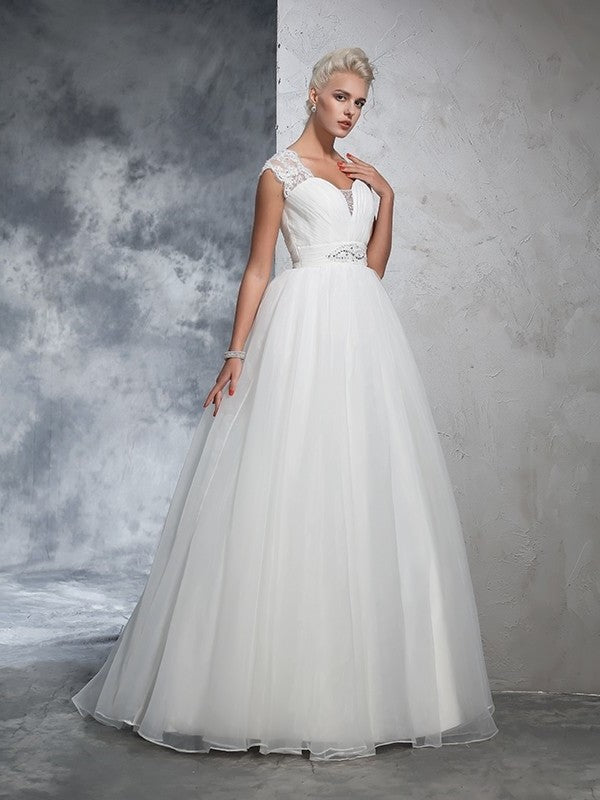 Gown Ball Sweetheart Ruched Sleeveless Long Tulle Wedding Dresses