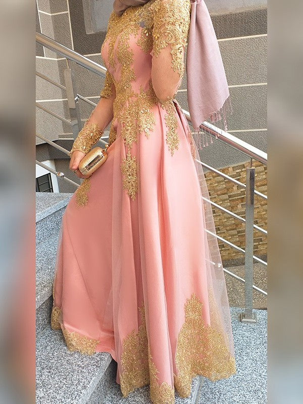 A-Line/Princess Applique Long Scoop Floor-Length Sleeves Tulle Muslim Dresses