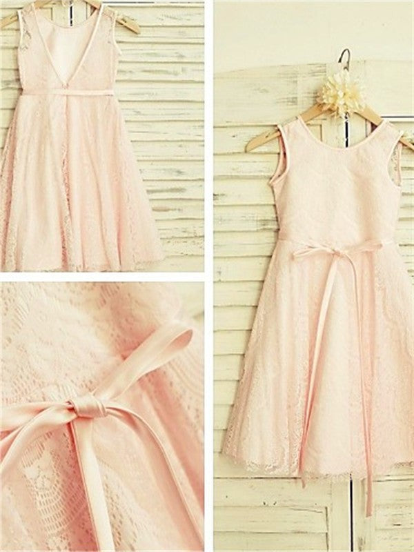Lace Scoop Sleeveless A-line/Princess Tea-Length Sash/Ribbon/Belt Flower Girl Dresses
