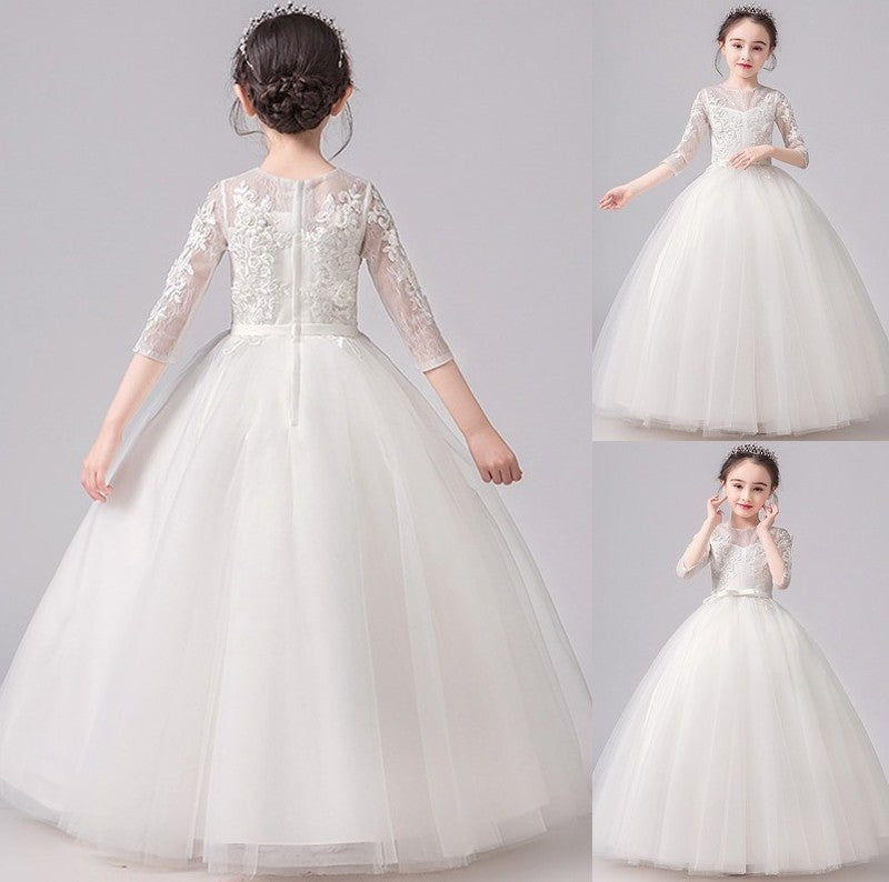 Bowknot Floor-Length Scoop 3/4 Sleeves A-Line/Princess Lace Flower Girl Dresses