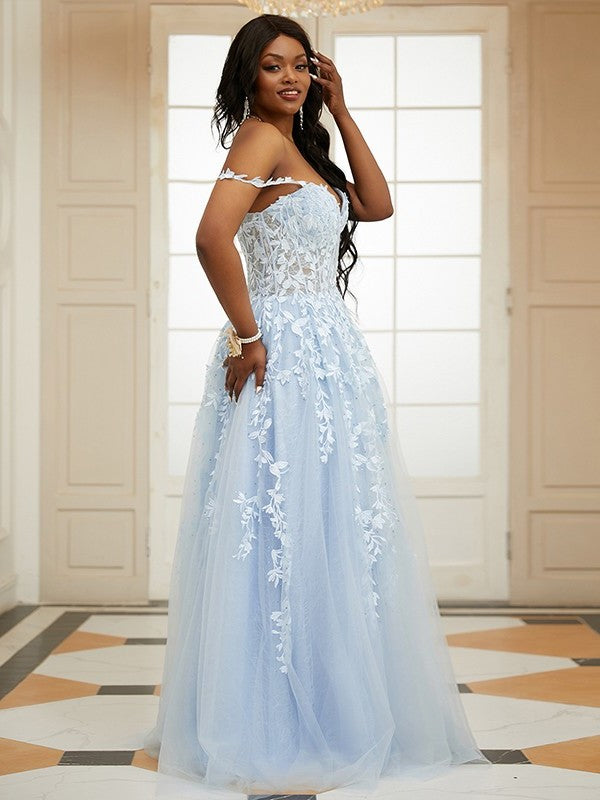 A-Line/Princess Off-the-Shoulder Tulle Applique Sleeveless Sweep/Brush Train Dresses