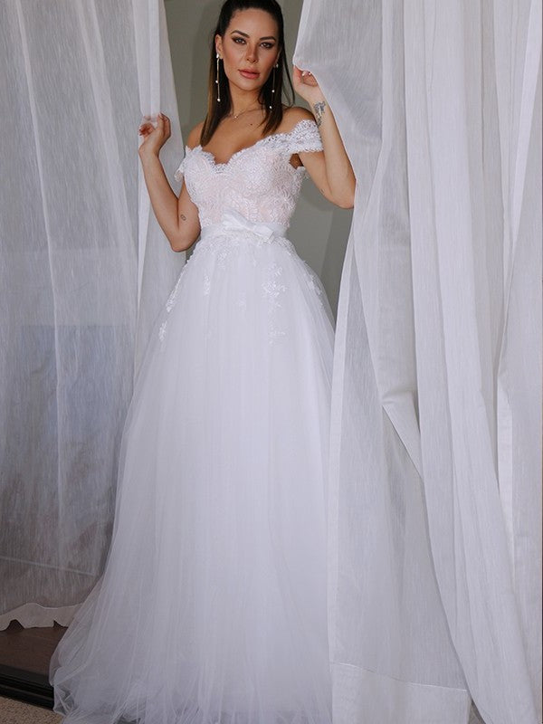 A-Line/Princess V-neck Tulle Lace Sleeveless Floor-Length Wedding Dresses