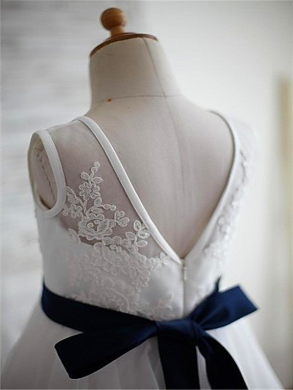 Tea-Length V-neck Flower Tulle A-line/Princess Hand-made Sleeveless Flower Girl Dresses