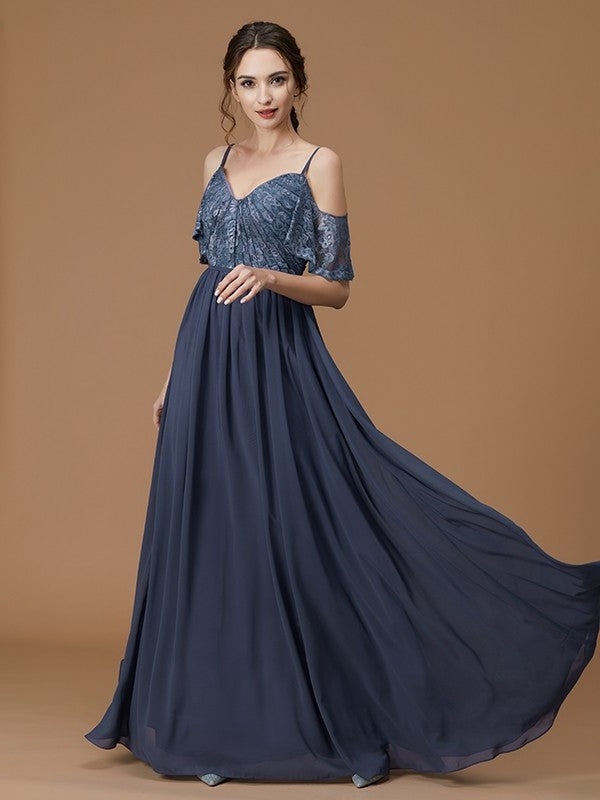 Sleeveless Lace Floor-Length Straps A-Line/Princess Spaghetti Chiffon Bridesmaid Dresses