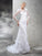Hand-Made Long Flower Long Sheer Neck Sleeves Sheath/Column Satin Wedding Dresses